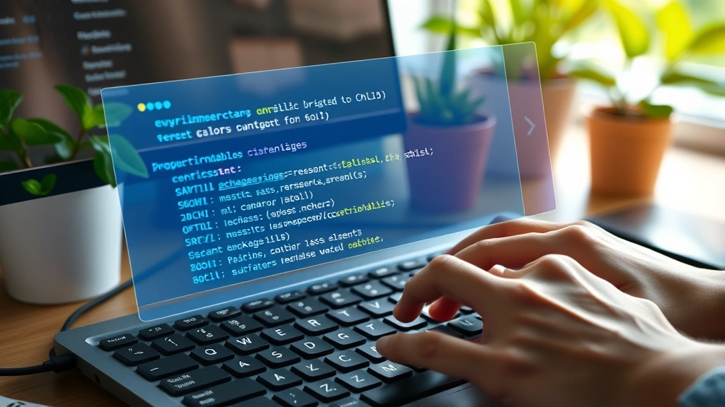 Hands typing on keyboard with holographic display showing environment variables and package dependencies, sustainable computing workspace with green plants and natural elements