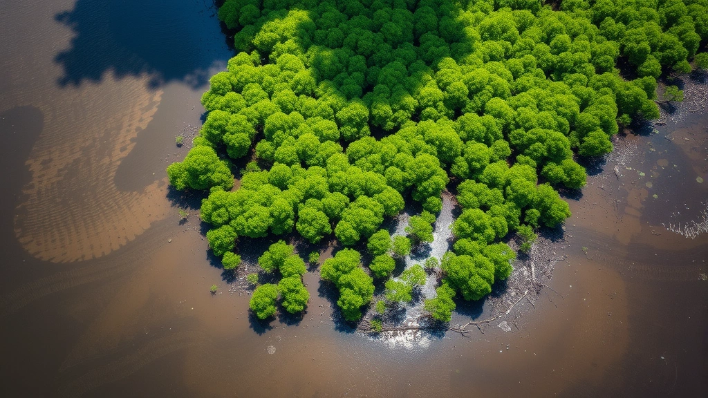Aerial view of mangrove forest restoration project with newly planted trees creating intricate waterway patterns, lush green canopy establishing along coastal mudflats, natural sunlight filtering through emerging vegetation creating dappled shadows on water