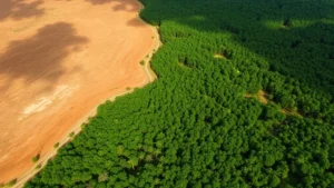 Aerial view of cleared rainforest contrasting with intact forest canopy, showing deforestation pattern boundaries, natural lighting highlighting biodiversity loss impact