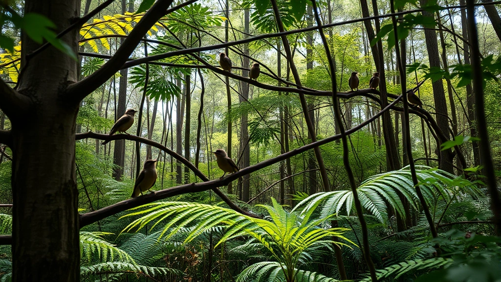 Close-up of biodiversity monitoring in restored forest ecosystem with multiple bird species perched on native tree branches, undergrowth showing dense fern and shrub layers, natural light creating depth of field emphasizing ecological complexity and species variety