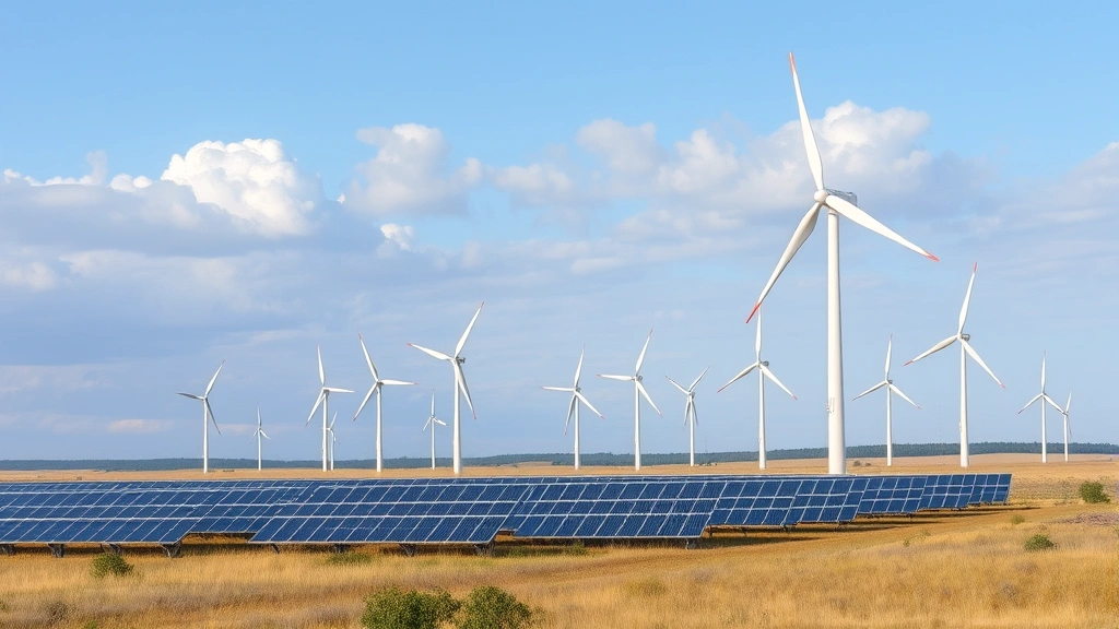 Industrial renewable energy solar farm and wind turbines integrated with natural grassland and wildlife habitat, demonstrating sustainable economic development coexisting with ecosystem health