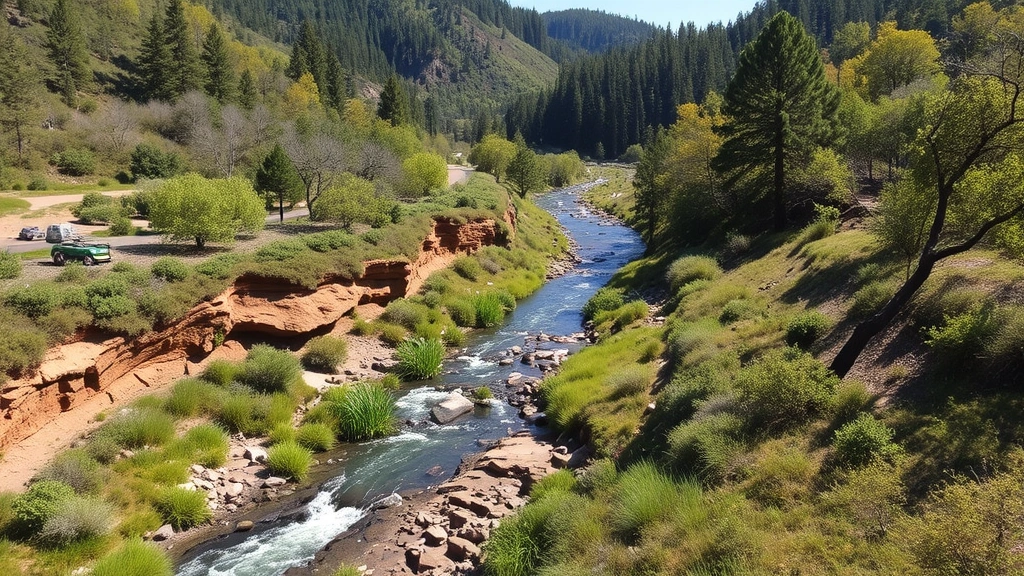 Wide landscape view of watershed restoration showing native vegetation establishing along stream banks with eroded areas healing, clear water flowing through restored riparian zone, surrounding forest providing shade and habitat connectivity in natural afternoon light