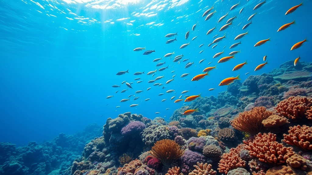 Underwater coral reef ecosystem in vibrant colors showing fish biodiversity and marine life, representing ecosystem services threatened by climate change from economic growth