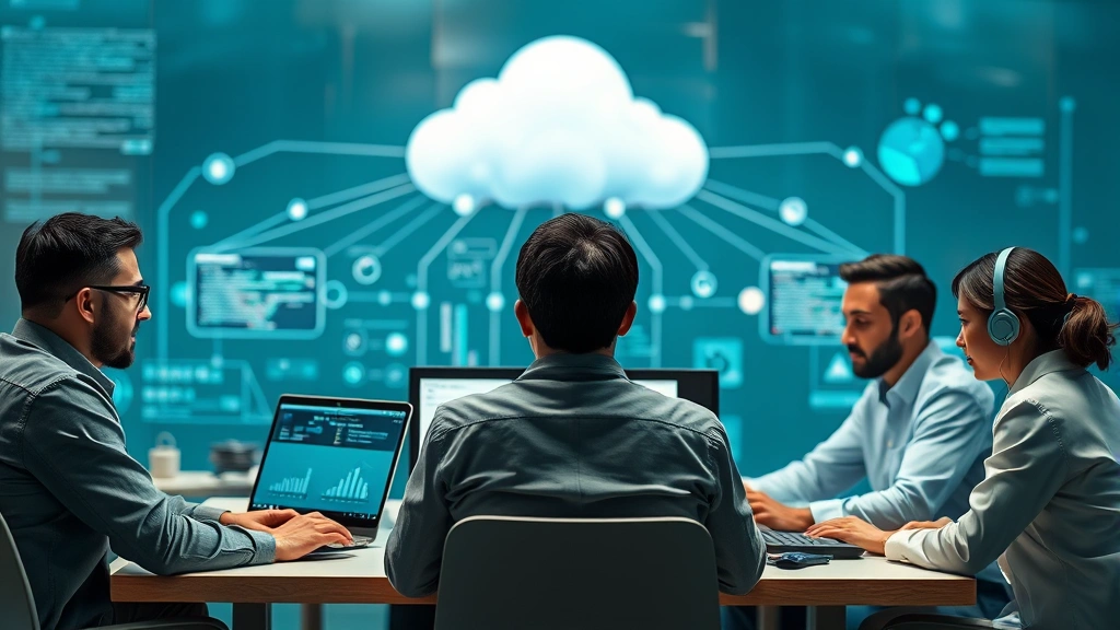 Photorealistic image of a collaborative team environment where data scientists from different locations are working together, with cloud infrastructure and synchronized development tools visible in the background