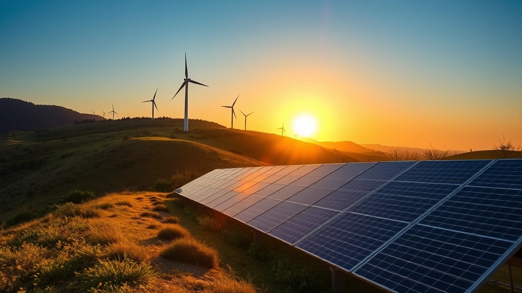 Solar panels and wind turbines on rolling hillside during golden hour sunset, with healthy green vegetation and clear blue sky, photorealistic landscape showing sustainable energy infrastructure integration with natural environment