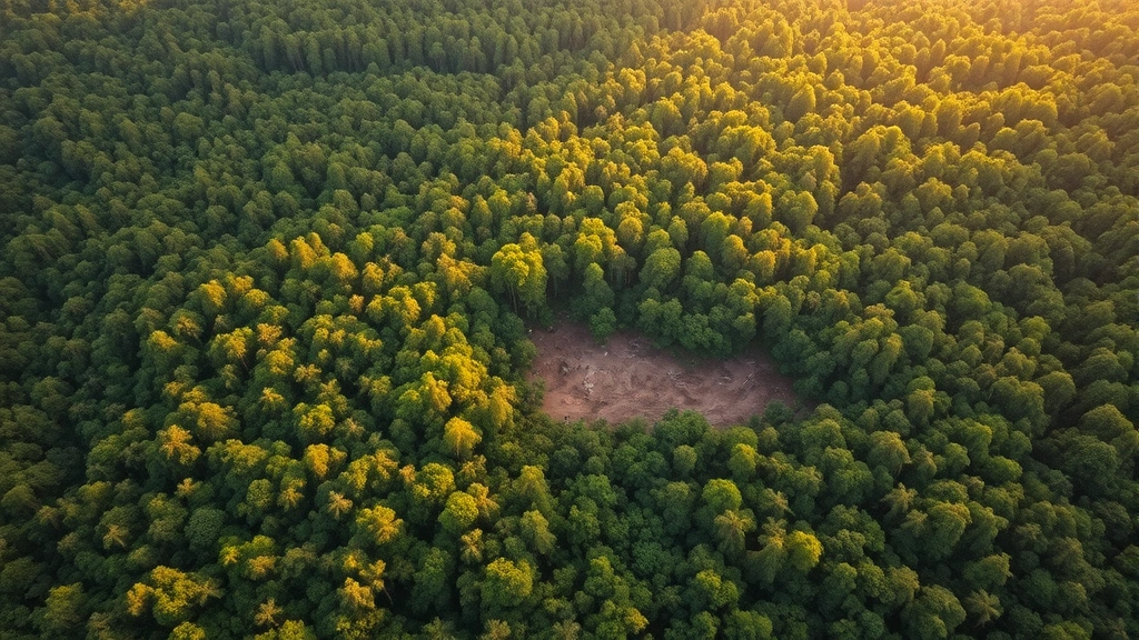 Aerial view of dense tropical rainforest canopy with patches of cleared land showing illegal logging activity, golden sunlight filtering through remaining trees, realistic satellite-like perspective