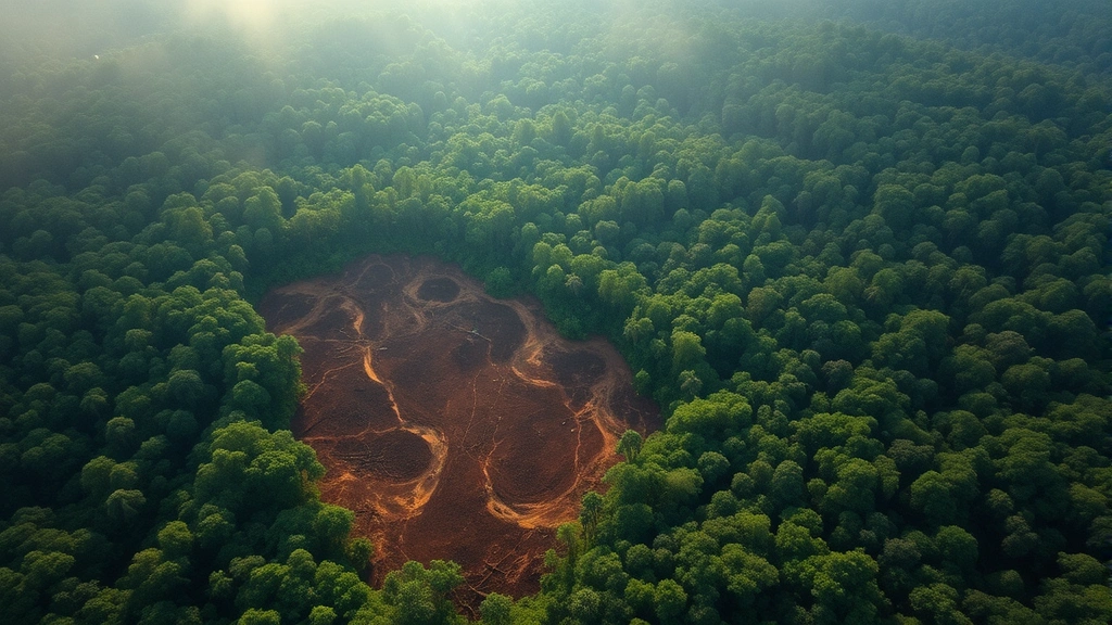 Aerial view of illegal logging operation clearing tropical forest canopy, showing contrast between cleared brown earth and remaining dense green forest, morning light filtering through haze, photorealistic nature photography