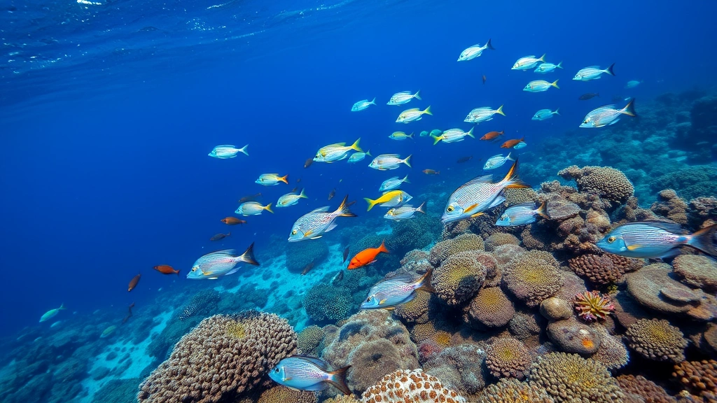 Underwater marine ecosystem showing healthy coral reef with diverse fish species and vibrant colors, representing threatened fisheries and biodiversity from illegal fishing operations, natural ocean habitat
