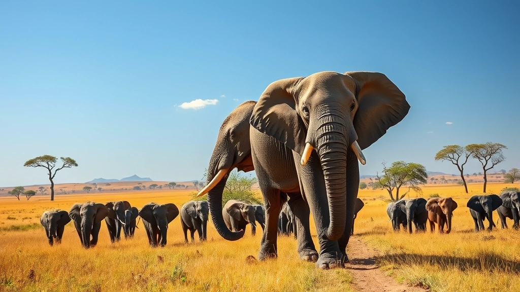 African savanna landscape with elephant herd in natural habitat, representing wildlife threatened by poaching and trafficking, golden grassland and acacia trees under clear sky, conservation-focused nature scene