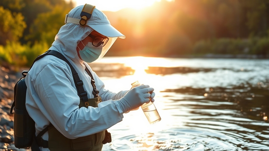 Environmental technician in full protective gear collecting water samples from a river using calibrated sampling equipment, morning sunlight reflecting off water, natural landscape background, professional field work setting