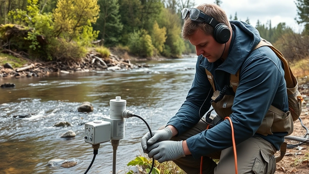 Photorealistic image of critical environment technician installing water quality monitoring sensors near a river, with natural ecosystem visible in background, showing integration of technology with natural systems and no visible text or charts