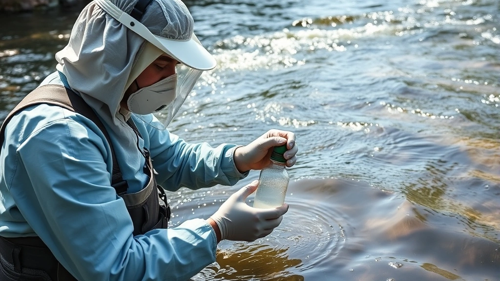Environmental technician in protective equipment collecting water samples from a river or stream using specialized sampling bottles and equipment, natural lighting with rippling water