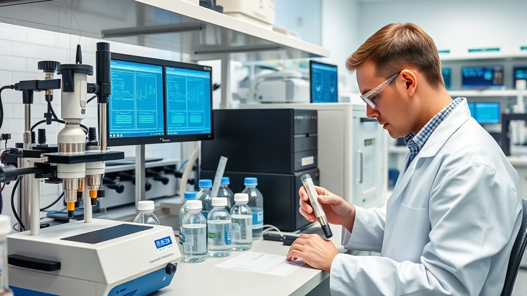 Modern laboratory with analytical instruments including gas chromatography equipment and water quality testing apparatus, technician in lab coat analyzing environmental samples, precise technical environment with data displays