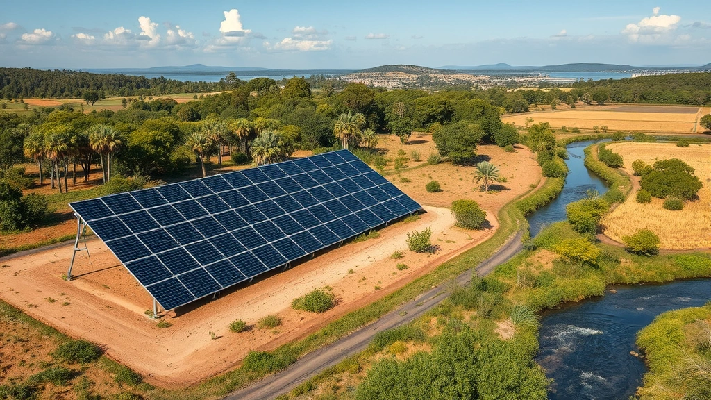 Solar panels installed on agricultural land with ecosystem preservation intact, showing sustainable energy infrastructure coexisting with diverse native vegetation, forests, and natural water features, no text or labels visible
