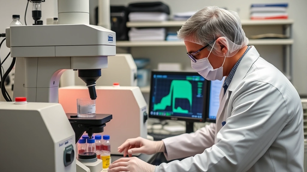 Professional technician operating sophisticated laboratory analytical equipment with digital displays and monitors, examining environmental samples under controlled laboratory conditions