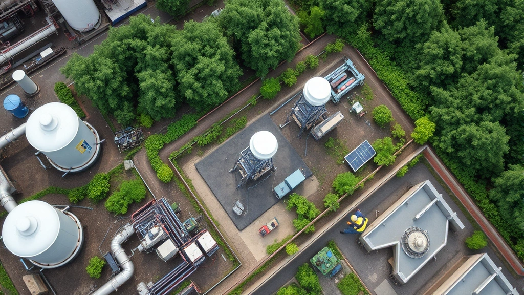 Aerial view of industrial facility with environmental monitoring stations, green vegetation surrounding manufacturing area, technician checking monitoring equipment, showing integration of industrial operations with environmental stewardship
