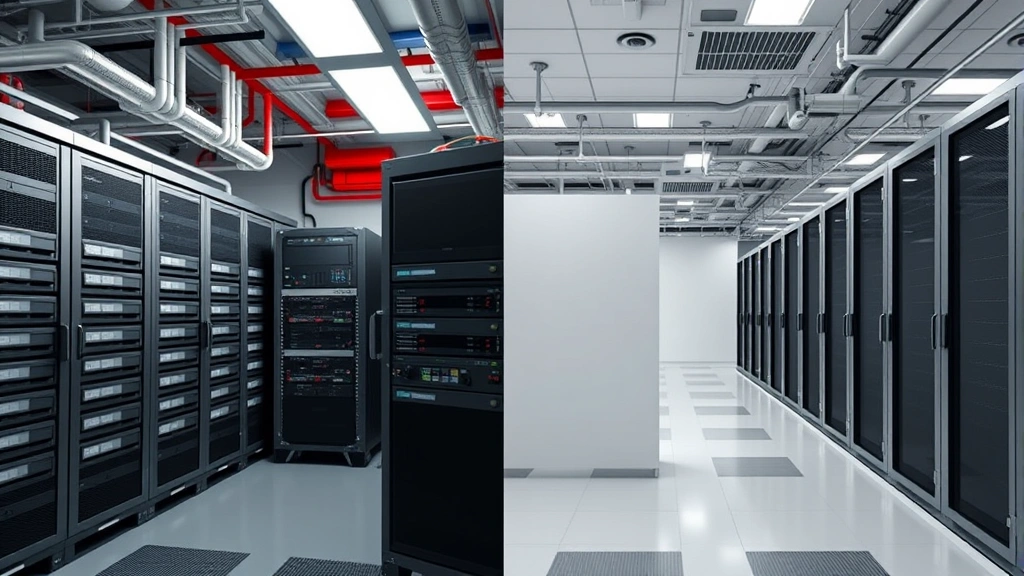 Split-screen comparison showing traditional server room with cooling systems and power infrastructure on left versus clean, minimal cloud data center on right, illustrating infrastructure economics transformation