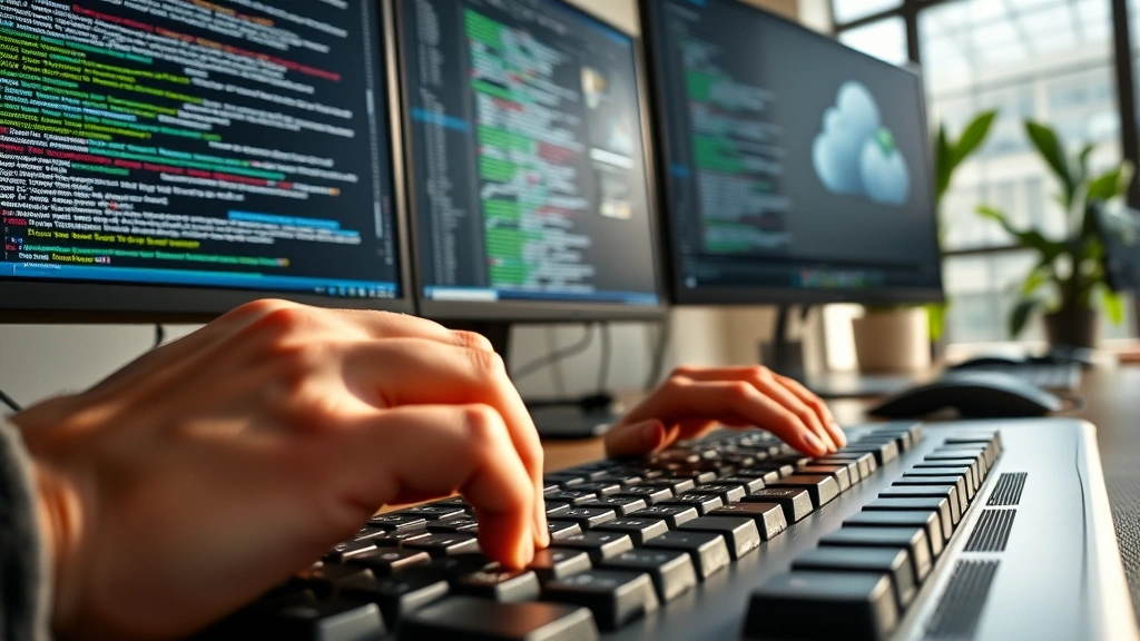 Close-up of developer hands on keyboard with multiple monitors displaying code and cloud-based development environment interface, natural lighting in modern office workspace