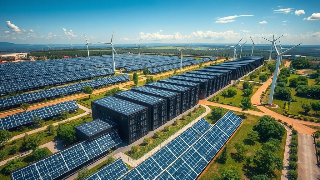 Aerial view of sustainable data center powered by solar panels and wind turbines, demonstrating environmental economics of cloud infrastructure and renewable energy integration