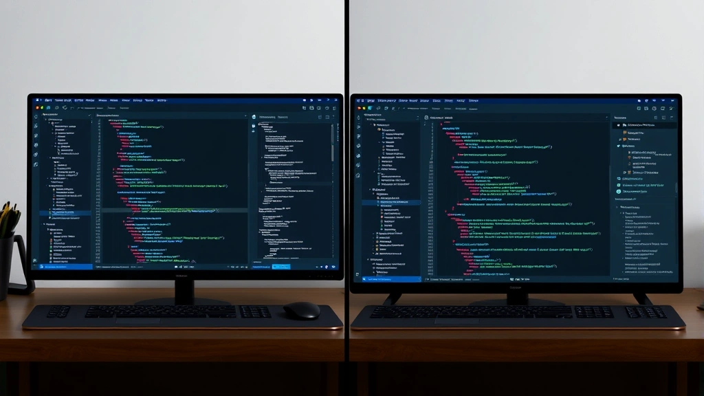 Split-screen comparison showing traditional local development setup on left versus cloud-based development environment on right, both displaying active development workflows with code editors
