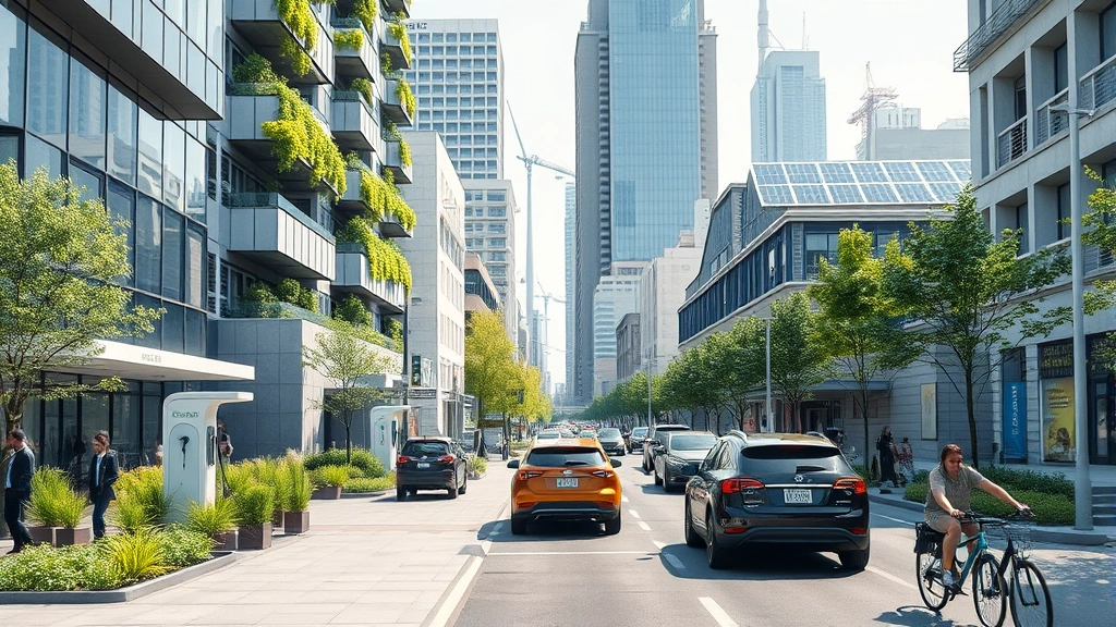 Photorealistic image of sustainable urban development scene with electric vehicles charging, green buildings with vegetation, busy street with pedestrians and cyclists, renewable energy infrastructure integrated into cityscape, modern architecture, natural daylight, no visible text