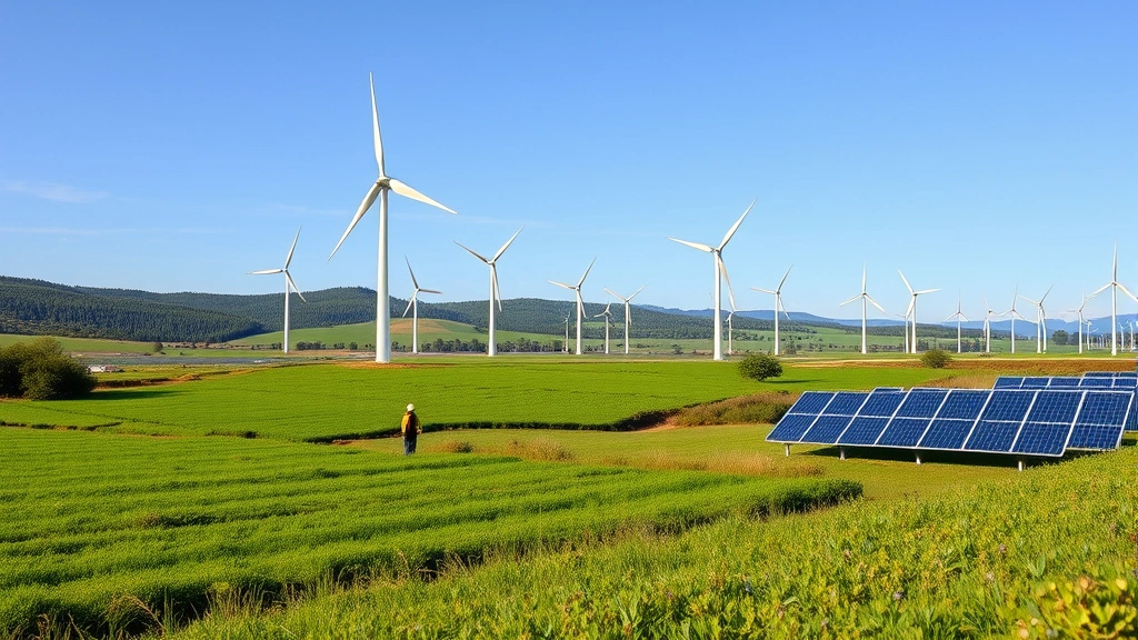 Photorealistic image of renewable energy transition showing solar farm or wind turbines in natural landscape, workers installing clean energy infrastructure, green fields, blue sky, economic activity and environmental restoration coexisting, no charts or text elements visible