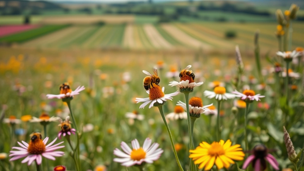 Agricultural field with pollinator bees on wildflowers, farm landscape in background, sunlight illuminating crops and insects, showing ecosystem service provision in action
