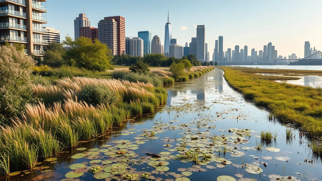 Urban watershed with restored wetland ecosystem adjacent to city skyline, natural water filtration system with native plants and wildlife, demonstrating nature-based economic solutions