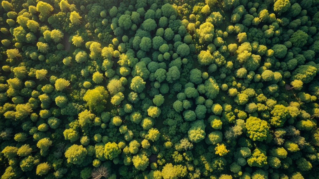 Aerial view of reforested landscape with young trees and mature forest canopy creating natural patchwork pattern, morning sunlight filtering through leaves, vibrant green ecosystem in recovery