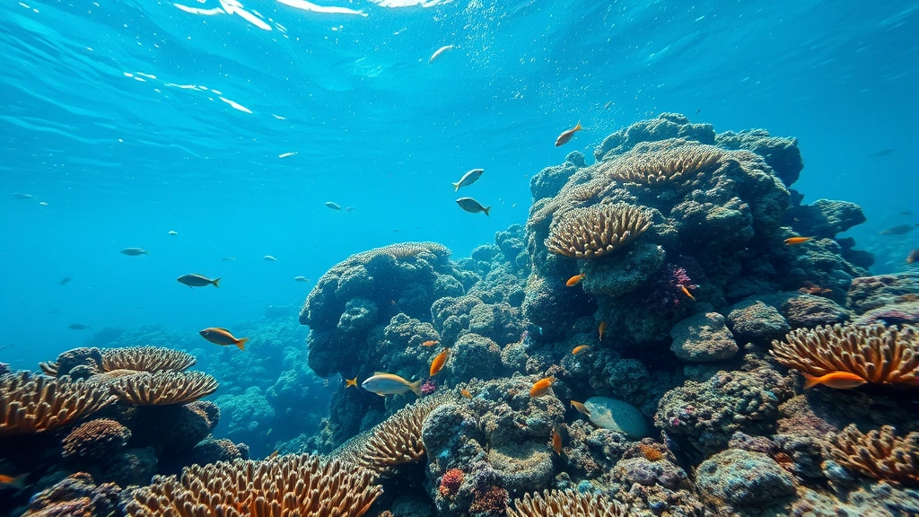 Underwater scene showing healthy coral reef ecosystem with diverse marine life, bioluminescent organisms, crystal clear water, representing biodiversity monitoring and environmental health, photorealistic nature photography style, no text