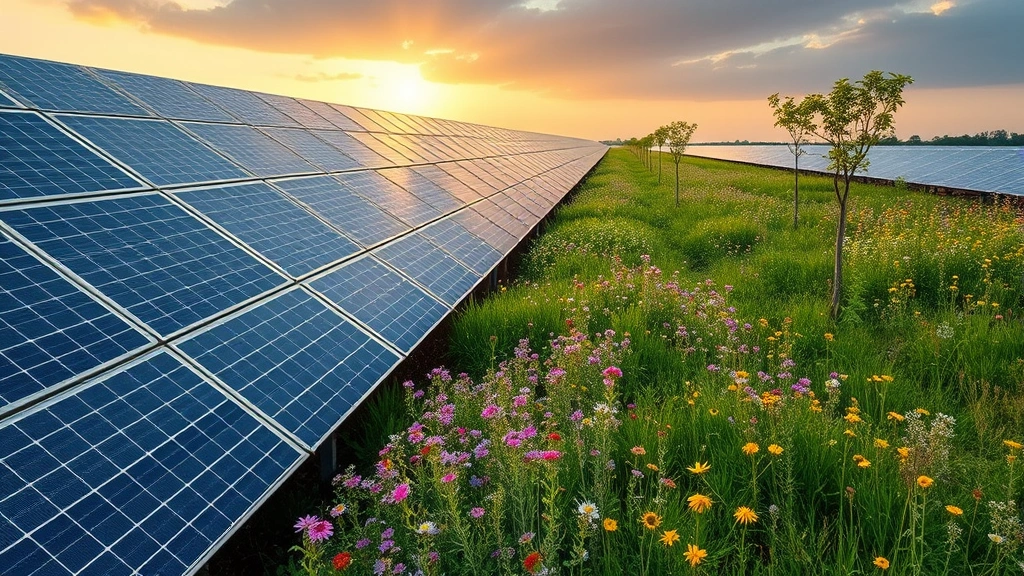 Solar panel farm integrated with wildflower meadow and pollinator habitat, showing renewable energy infrastructure coexisting with natural biodiversity, golden hour lighting across panels and flowering plants