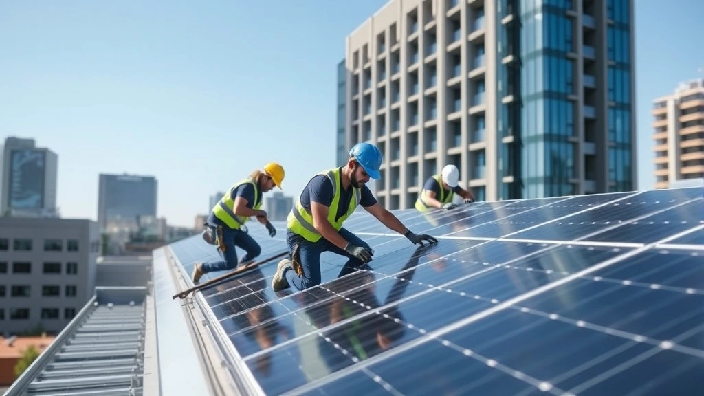 Diverse team of workers installing solar panels on modern commercial building rooftop, bright daylight, showing green job creation and renewable energy implementation in urban environment