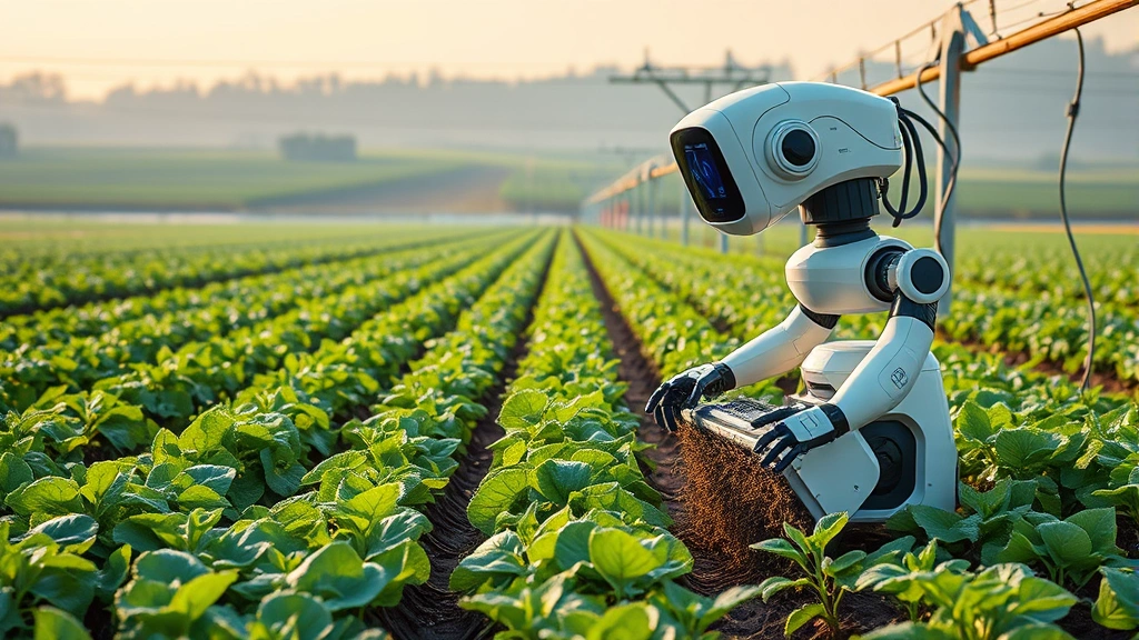 Futuristic smart agricultural field with autonomous robots harvesting crops, precision irrigation systems, soil moisture sensors visible in background, green vegetation, sustainable farming landscape, photorealistic technology integration with nature, no visible text or charts