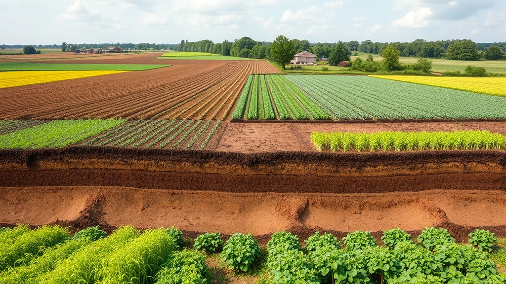 Regenerative farm landscape with diverse crops, healthy soil visible in cross-section, workers tending fields, lush vegetation demonstrating sustainable agriculture economic value and environmental restoration