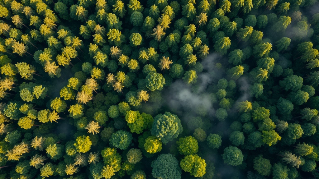 Aerial view of healthy temperate forest with diverse tree canopy and understory vegetation, morning mist rising from the forest floor, no human structures visible, photorealistic natural lighting