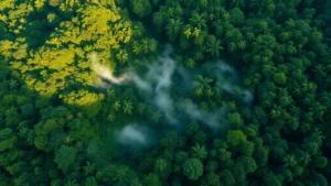 Aerial view of intact tropical rainforest canopy with diverse green hues and mist rising from valleys, sunlight filtering through layered vegetation, showing ecosystem complexity and health in photorealistic detail