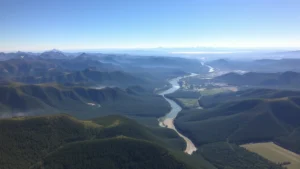 Aerial view of diverse landscape showing mountains, river valley, forest canopy, and agricultural fields merging into horizon under clear sky with natural lighting