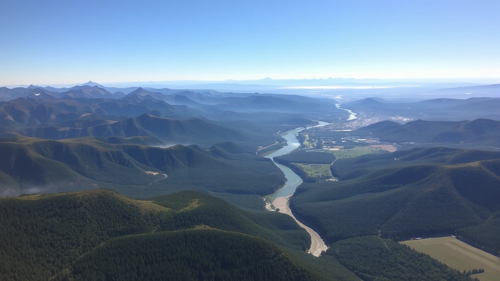 Aerial view of diverse landscape showing mountains, river valley, forest canopy, and agricultural fields merging into horizon under clear sky with natural lighting