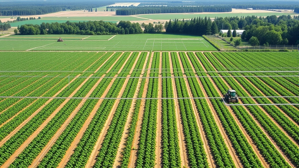 Industrial agricultural landscape showing rows of single-crop cultivation with irrigation systems, machinery in fields, clear contrast between monoculture and natural forest edge visible, photorealistic daylight