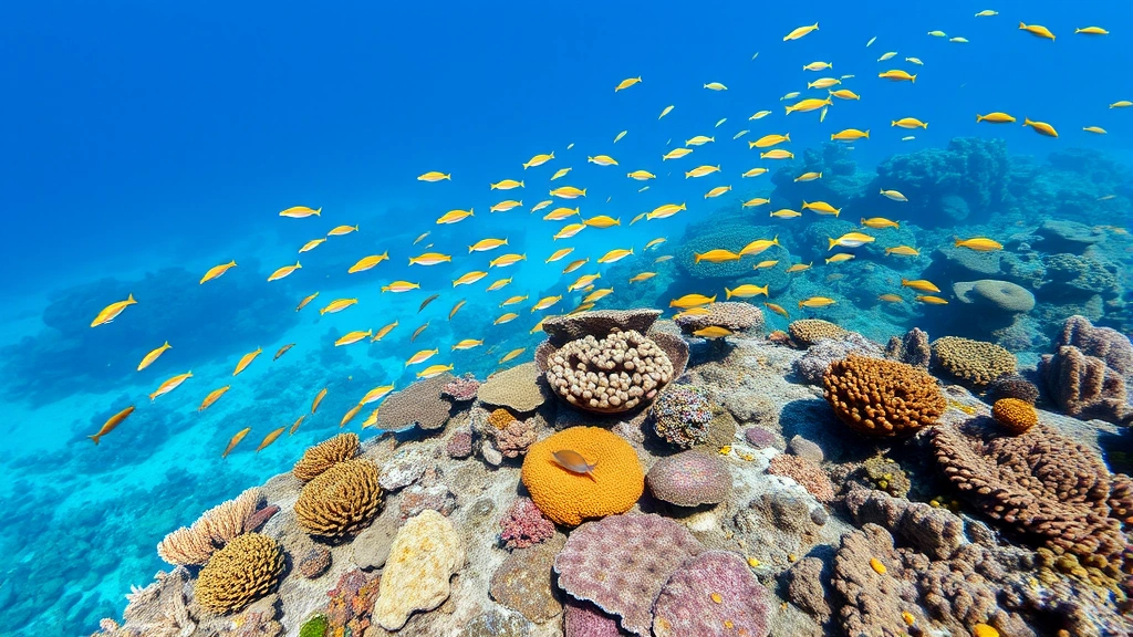 Underwater coral reef ecosystem with colorful corals, schools of tropical fish, and crystal clear blue water, showing vibrant biodiversity and marine ecosystem productivity in natural lighting