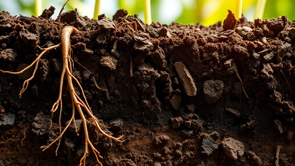 Close-up of soil cross-section showing rich dark earth layers with plant roots, minerals, and organic matter in natural sunlight creating texture and depth