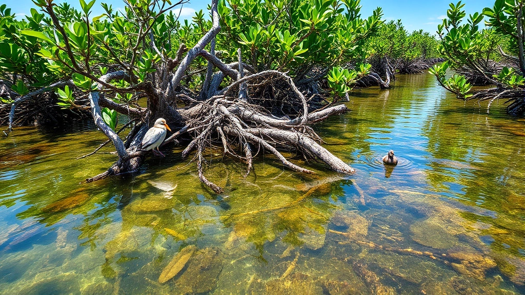 Coastal mangrove ecosystem with tangle of root systems in shallow brackish water, birds and small fish visible in habitat, lush green vegetation, clear water reflecting sky, photorealistic natural scene