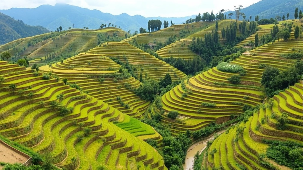 Terraced agricultural hillsides with green crops, water channels, and forest patches integrated into farmland, showing regenerative agriculture practices that maintain ecosystem services while producing food