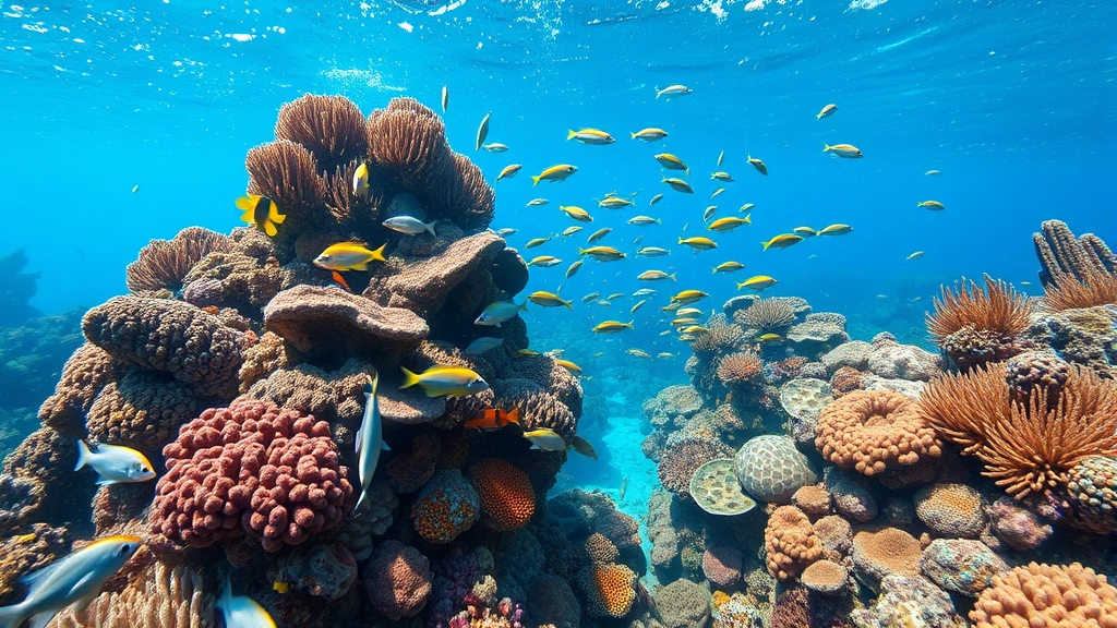 Underwater coral reef ecosystem with vibrant fish, diverse corals, clear blue water, and sunlight filtering through water surface creating natural marine habitat