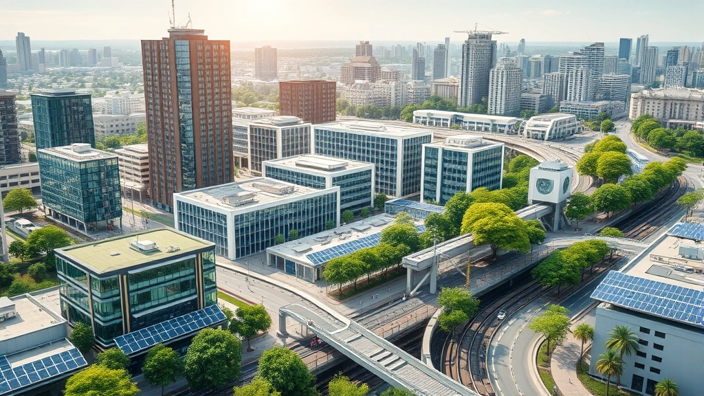 Modern sustainable cityscape with green buildings, solar panels, and efficient public transit systems integrated into urban landscape, showing economic activity and environmental harmony