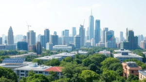 Modern sustainable city skyline with green buildings, solar panels, and integrated urban forest, photorealistic daytime view, no text or labels visible