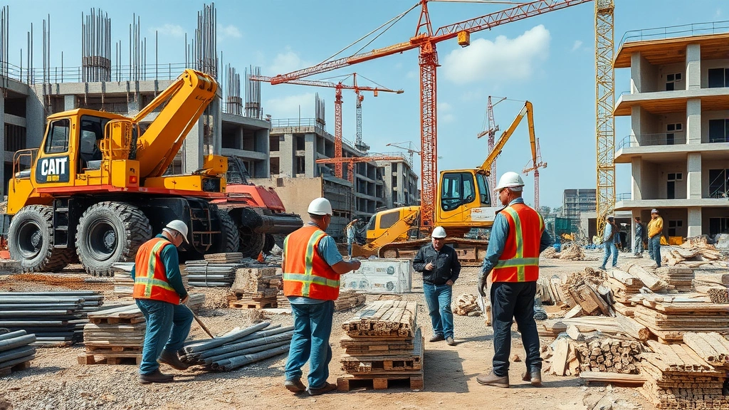 Construction site with diverse workers, heavy equipment, and building materials demonstrating labor-intensive economic activity and employment generation in built environment sector