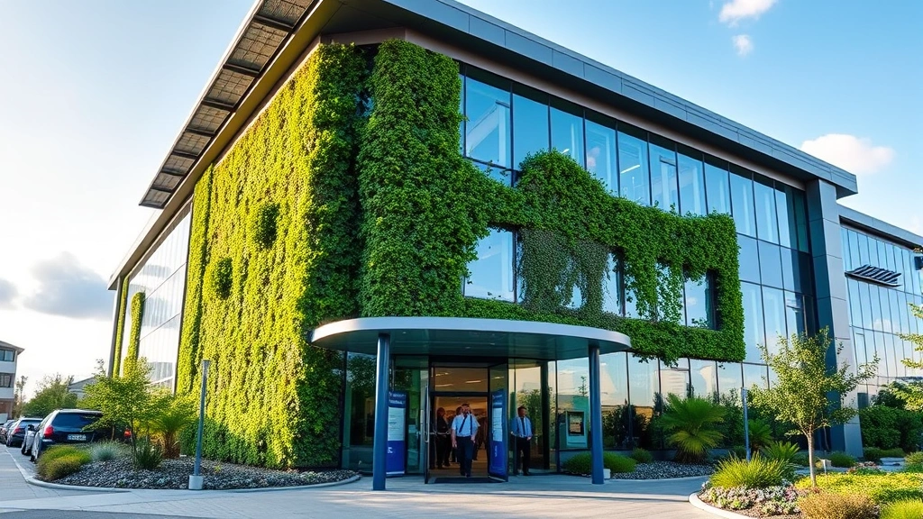 Modern sustainable office building with solar panels, green walls, water collection systems, and workers entering through modern glass entrance surrounded by landscaping