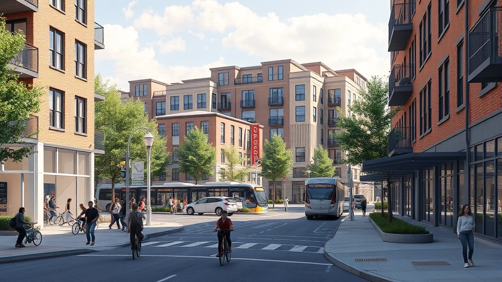 Mixed-use urban development with pedestrians, cyclists, public transit, and mixed-income housing integrated into walkable neighborhood, photorealistic street-level perspective