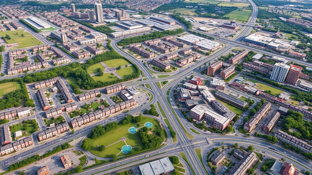 Aerial view of mixed-use urban development with residential areas, commercial districts, parks, and transportation networks showing comprehensive built environment economic integration